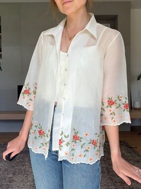Sheer Ivory Floral scalloped and Embroidered Button-Front Shirt small to large